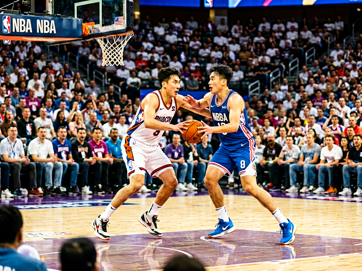 篮球比赛现场，球员在球场上激烈对抗，观众席座无虚席，展现NBA和CBA赛事的热烈氛围