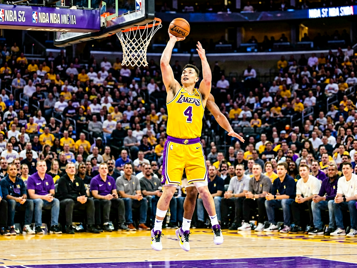 NBA常规赛现场，湖人队球员在场上突破上篮，观众席气氛热烈
